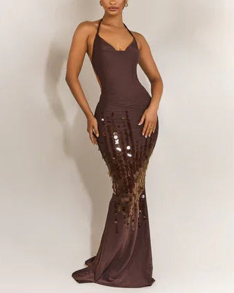 Sexy Sleeveless Halter Slim-Fit Sheath Sequin Maxi Dress