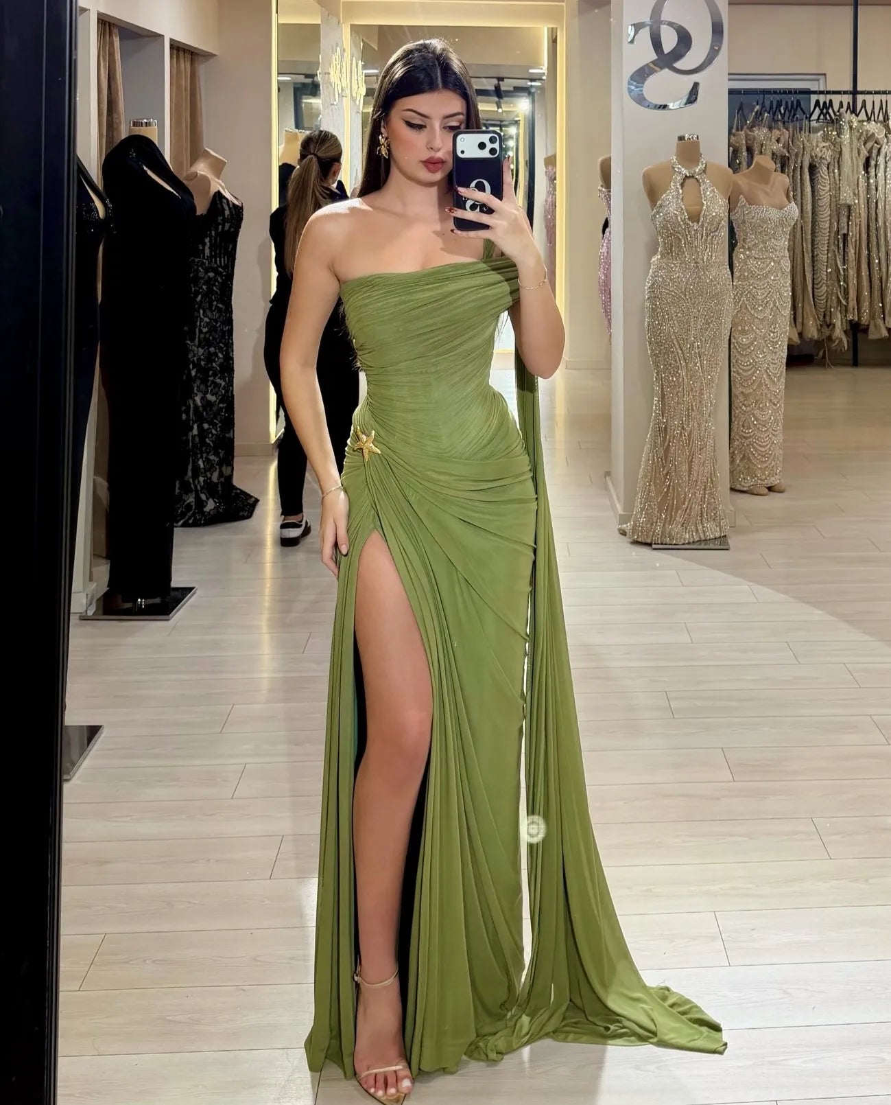 Elegant Olive Green One-Shoulder Ruched High-Slit Train Gown