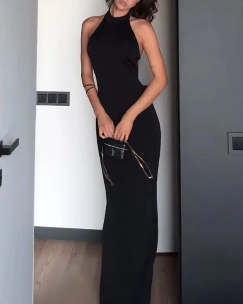 Sexy Sleeveless Solid Color Slim Fit Backless Maxi Dress