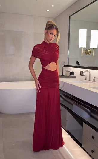 Sexy Short Sleeve Cropped Pleated Dress