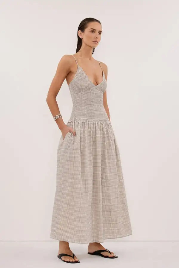 Spaghetti Strap Open-Back Gingham Flare