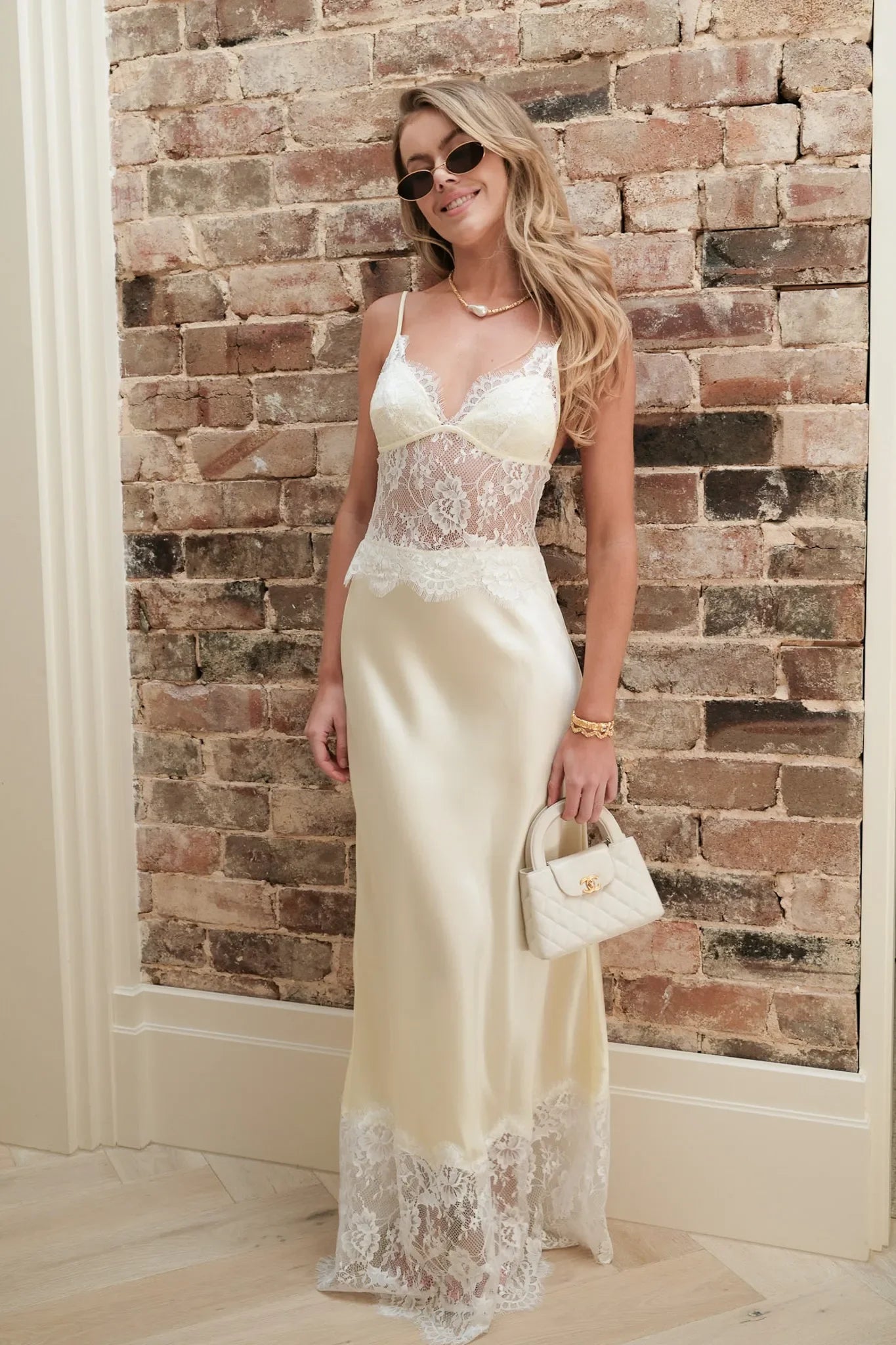 French Style Cream Lace Spliced Satin Camisole Maxi Dress