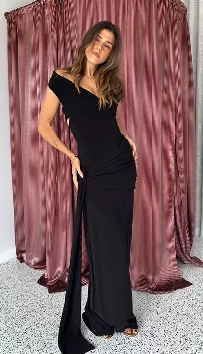 Sexy Big Deep V-neck Slim-Fit Solid Color Ribbon Dress