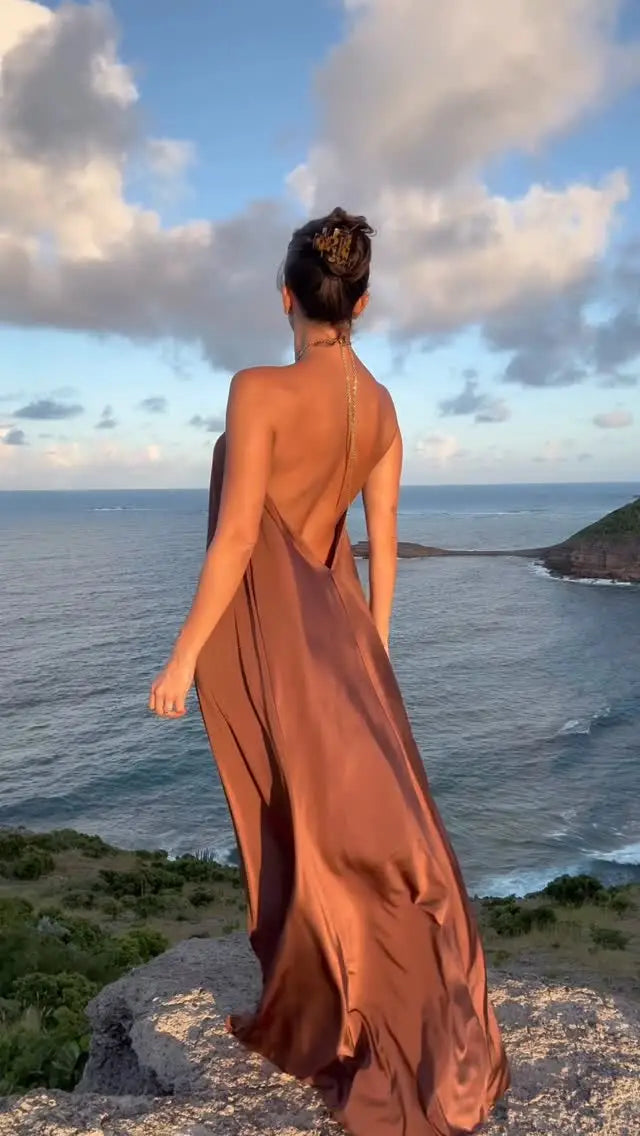 Beach Vacation Satin Halter Maxi Dress