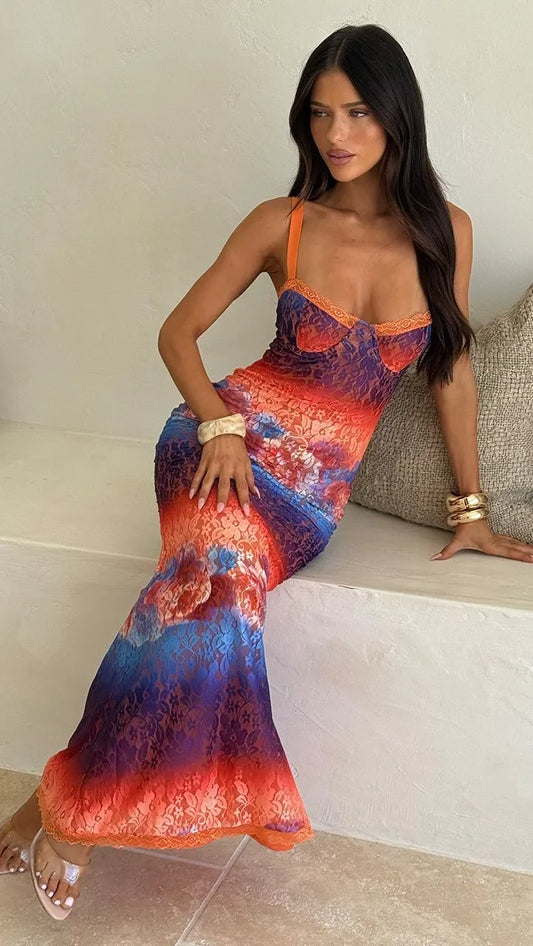 Orange & Blue Gradient Floral Lace Bustier Cami Mermaid Vacation Maxi Dress