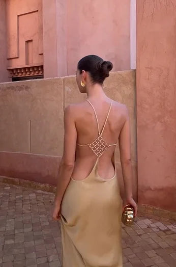 Champagne gold satin backless halter dress