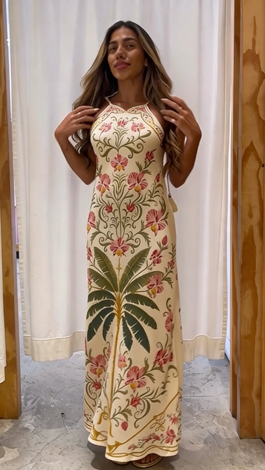 Vacation Style Cream Floral Palm Print Halter Maxi Dress