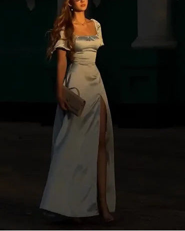 Sexy U Collar Waist-Tight High Slit Solid Color Maxi Dress