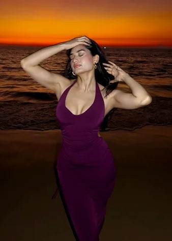 Deep Purple Halter Backless Tie-Up Ruched Slit Mermaid Vacation Maxi Dress