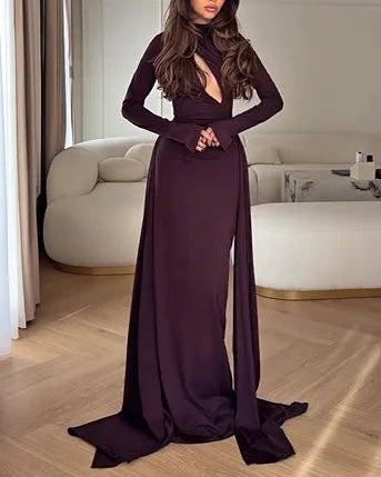 Sexy Long Sleeve Hollow out Solid Color Lace-up Maxi Dress