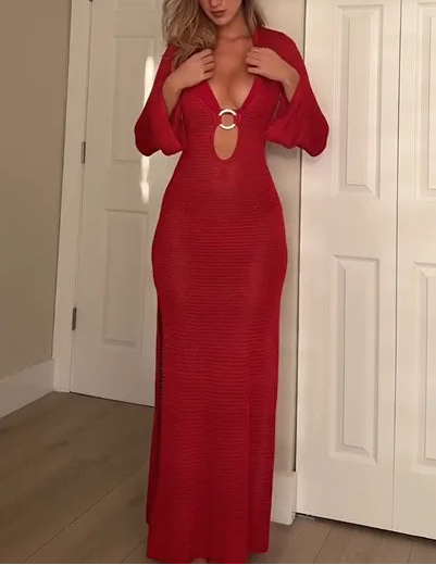 Sexy Slim-Fit Ultra Low Bosom Solid Color Maxi Dress