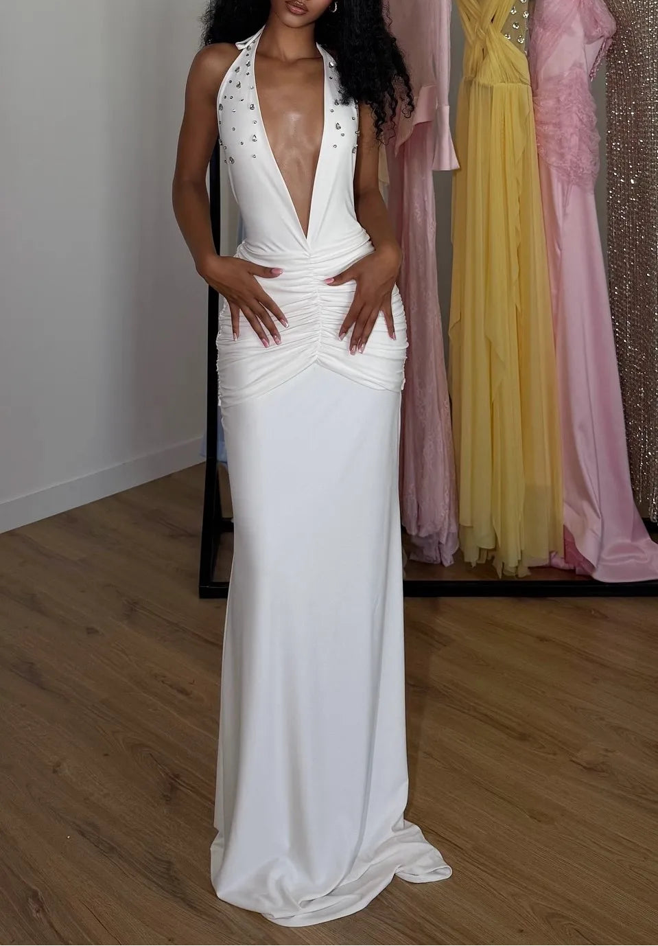 Sexy Super Deep V-neck Sleeveless Halter Pleated Maxi Dress