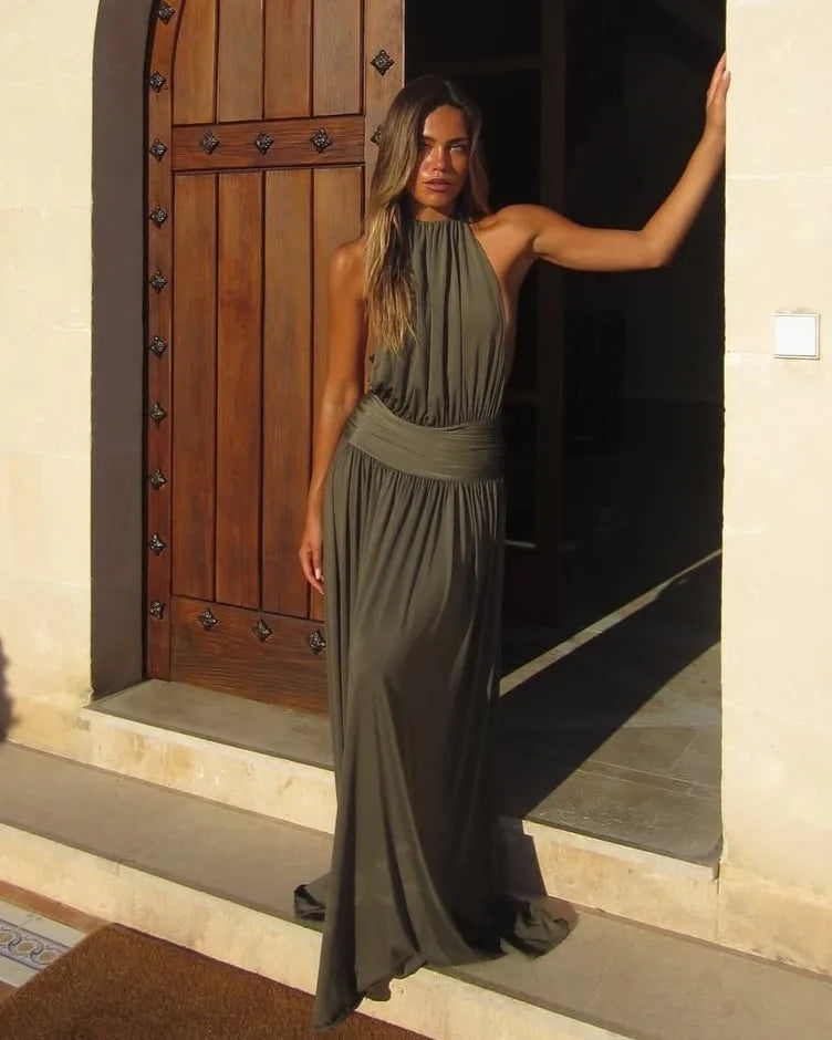 Sexy Halter Backless Solid Color Pleated Dress