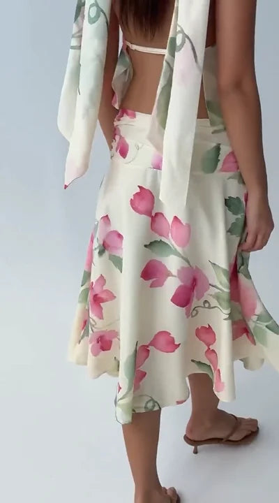 Sexy Print Backless Dress Suit