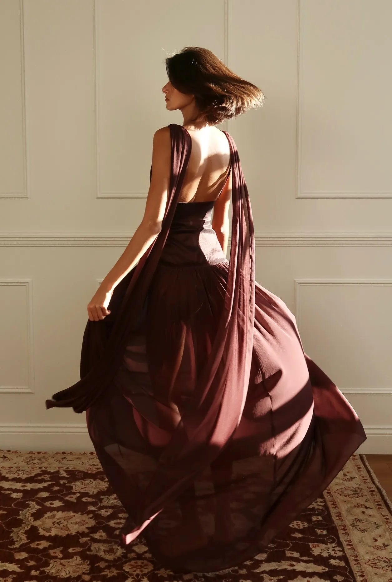 「Burgundy Deep V Backless Gown with Draped Sashes - Evening Maxi Dress」