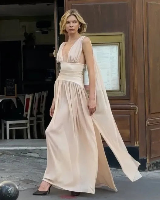 Sexy Backless Waist Trimming Solid Color Elegant Dress