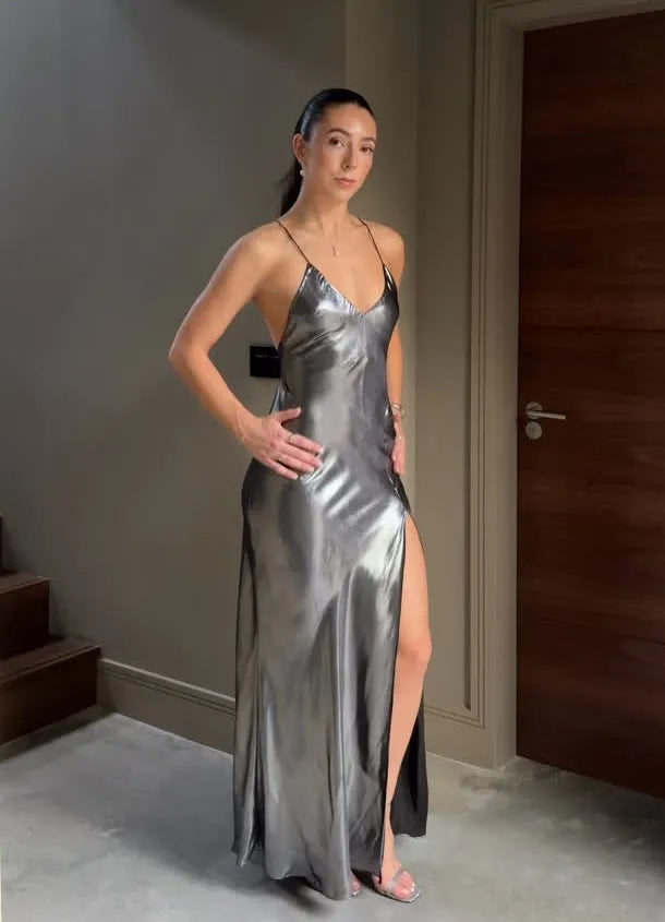 Sexy Halter Low Cut High Slit Solid Color Dress