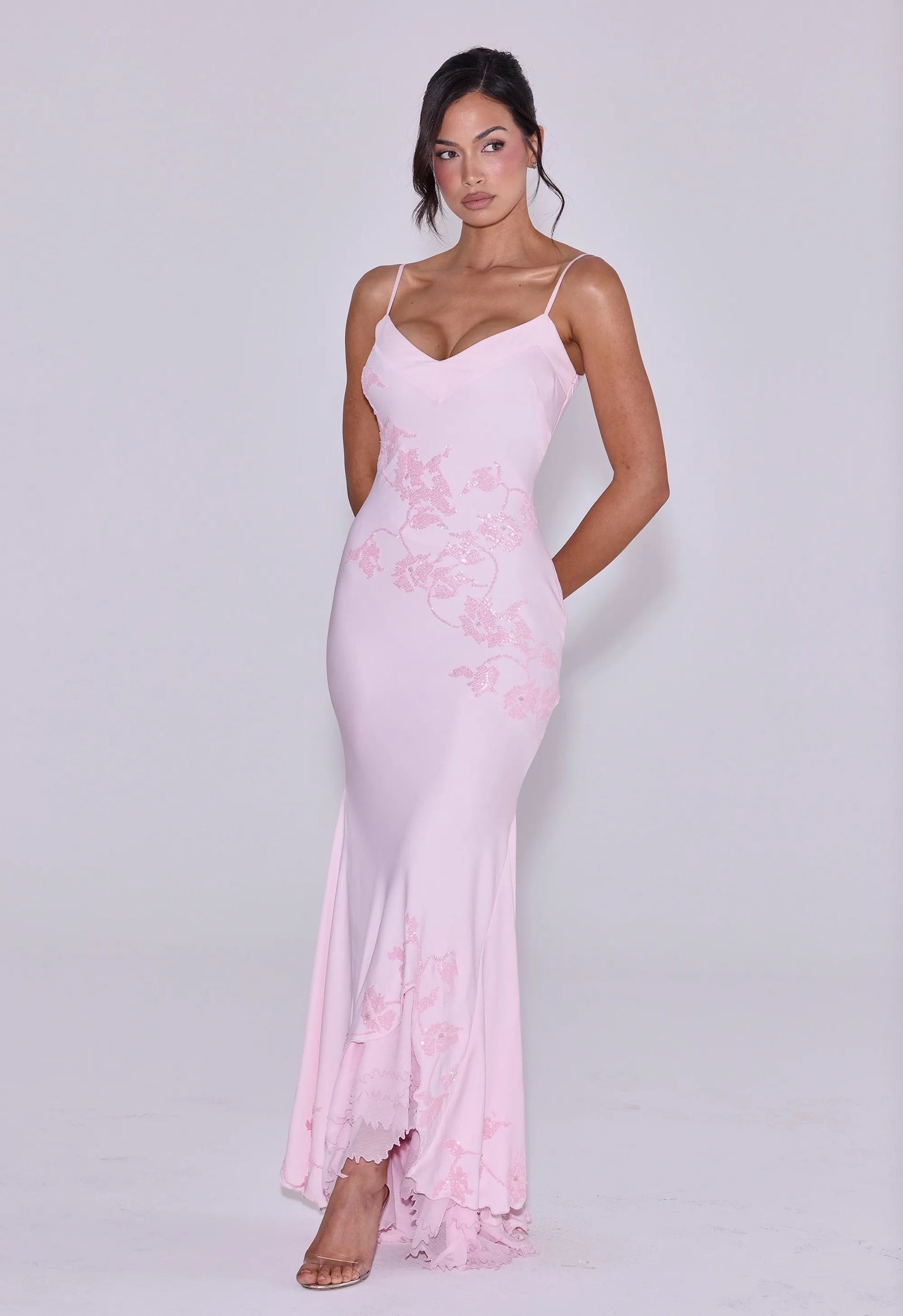Pink Spaghetti Strap Sequin Embroidered Mermaid Evening Gown