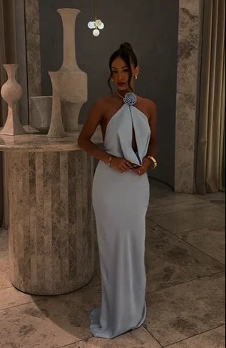 Fairy Style Misty Blue Halterneck Floral Cutout Backless Satin Gown