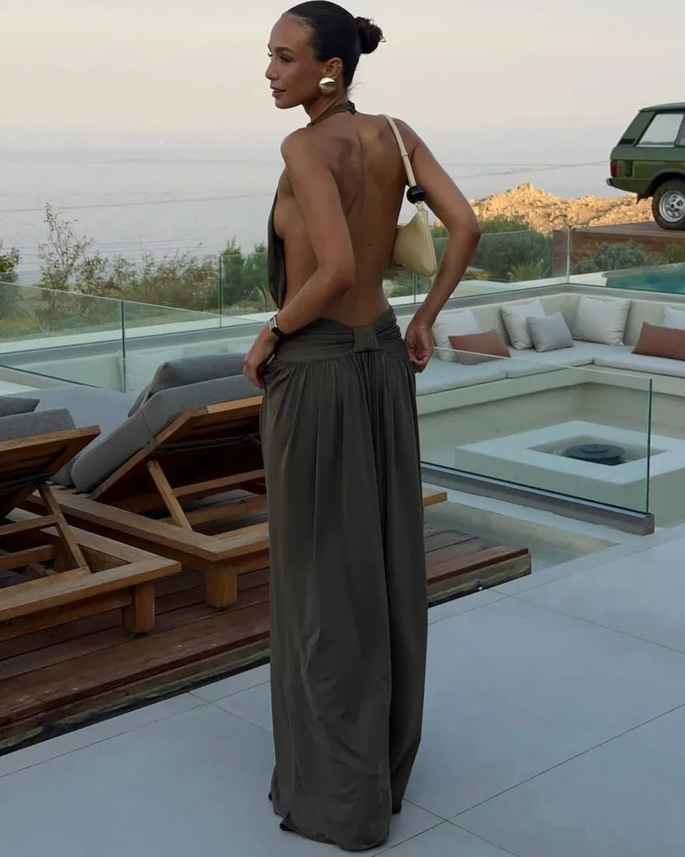 Sexy Halter Backless Solid Color Pleated Dress