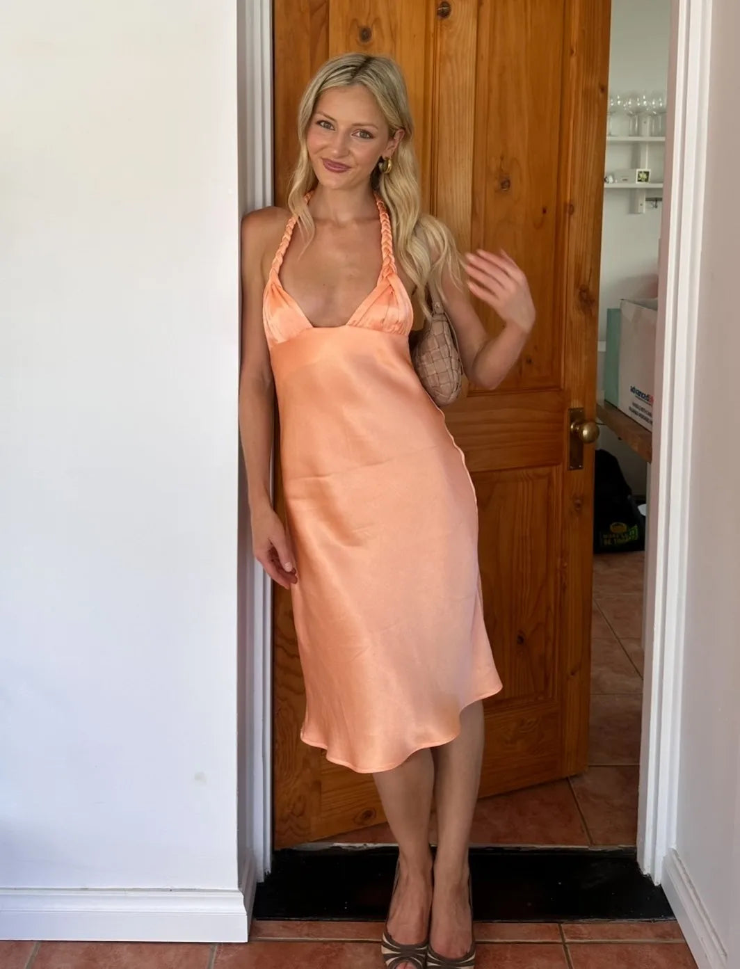 Peach Satin Braid Halter Deep V Midi Dress