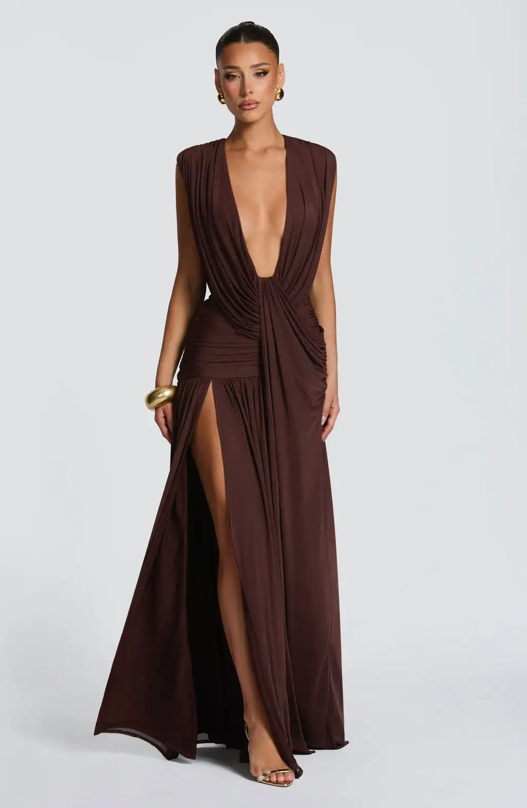 Sexy pleated deep V high slit backless evening gown
