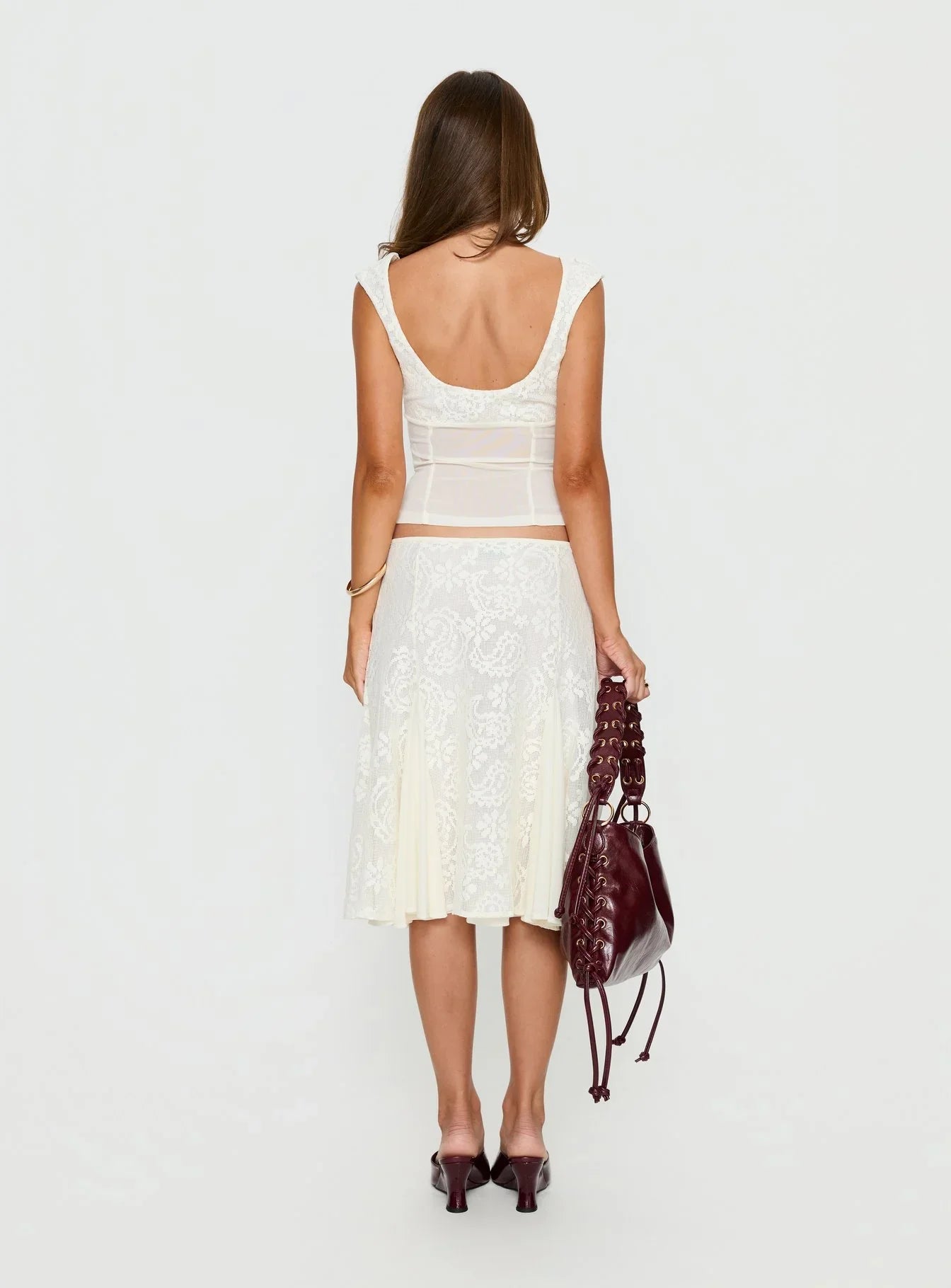 Gentle Style White Lace Patchwork Mesh Camisole Top + Midi Skirt Two-Piece Set