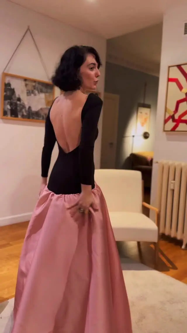 Black-Pink Color-Block Full Skirt Dress - Backless Retro Atmospheric Gown