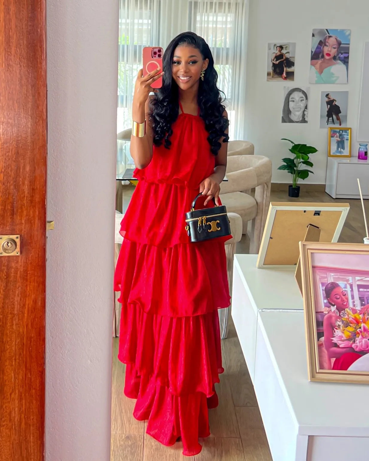 Scarlet Red Halter Tiered Ruffled Maxi Dress Slimming Draped Vacation Banquet Gown