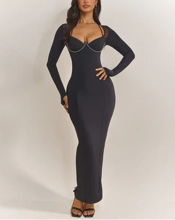 Sexy Long Sleeve Low-Cut Slim Fit Hip Maxi Dress