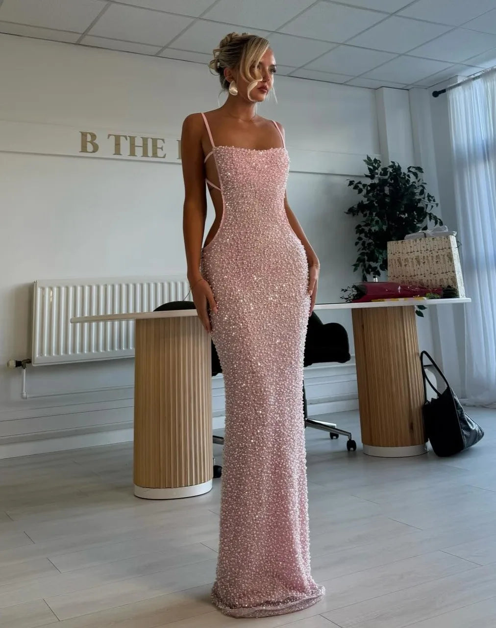 Soft Pink Full Rhinestone Backless Cutout Slim Floor-Length Evening Gown