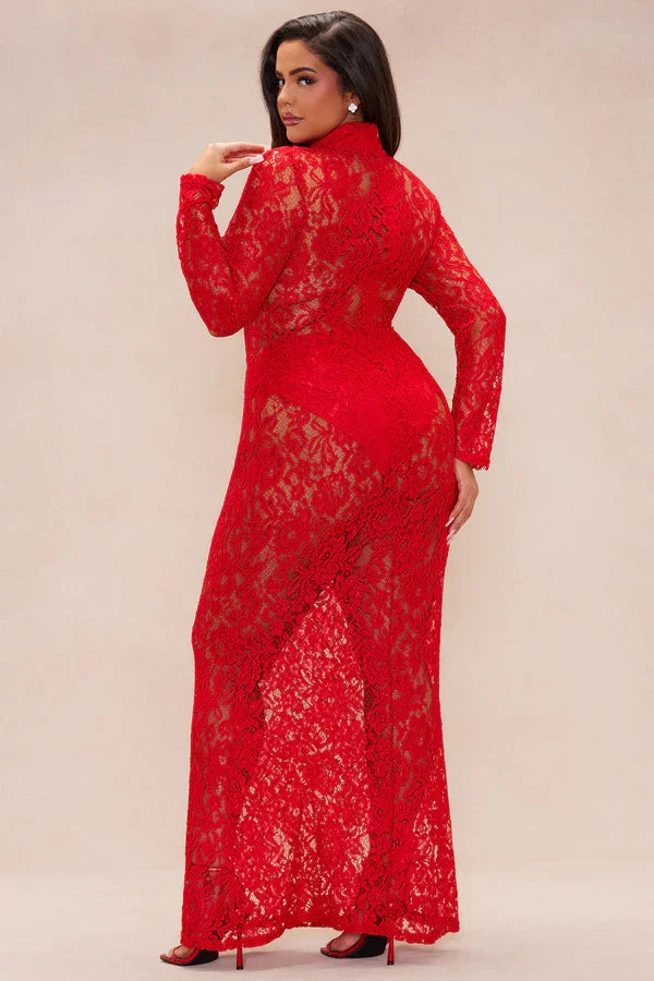 Sexy Long Sleeve round Neck Lace See-through Dress