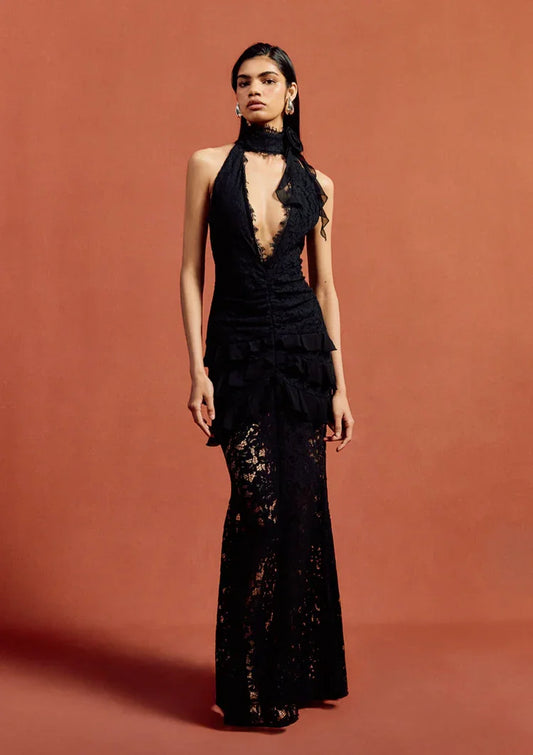 Sexy Halter Lace Deep V Hollow Dress