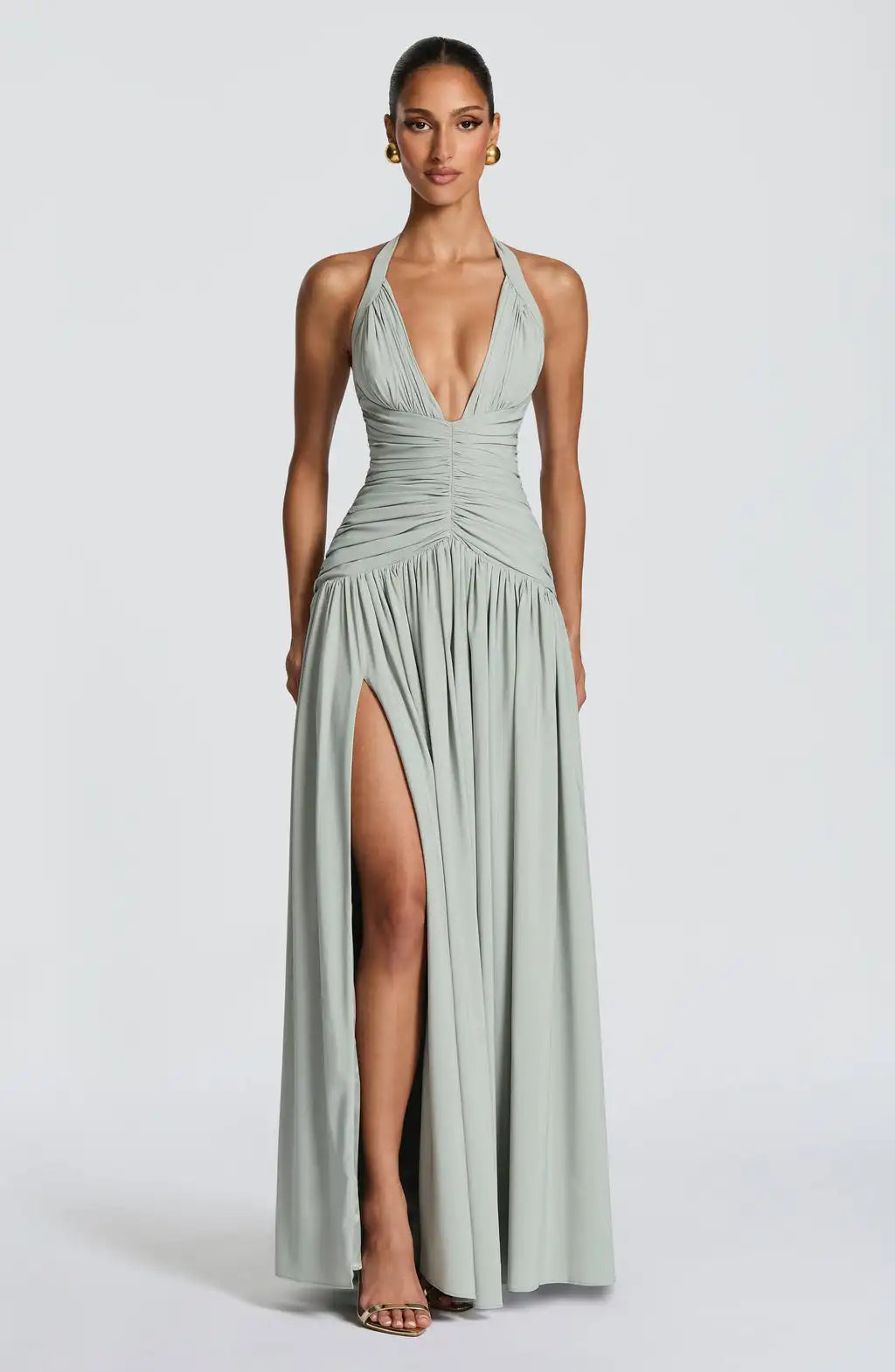Sage Green Halter Deep V Ruched Waist Side Slit Maxi Dress