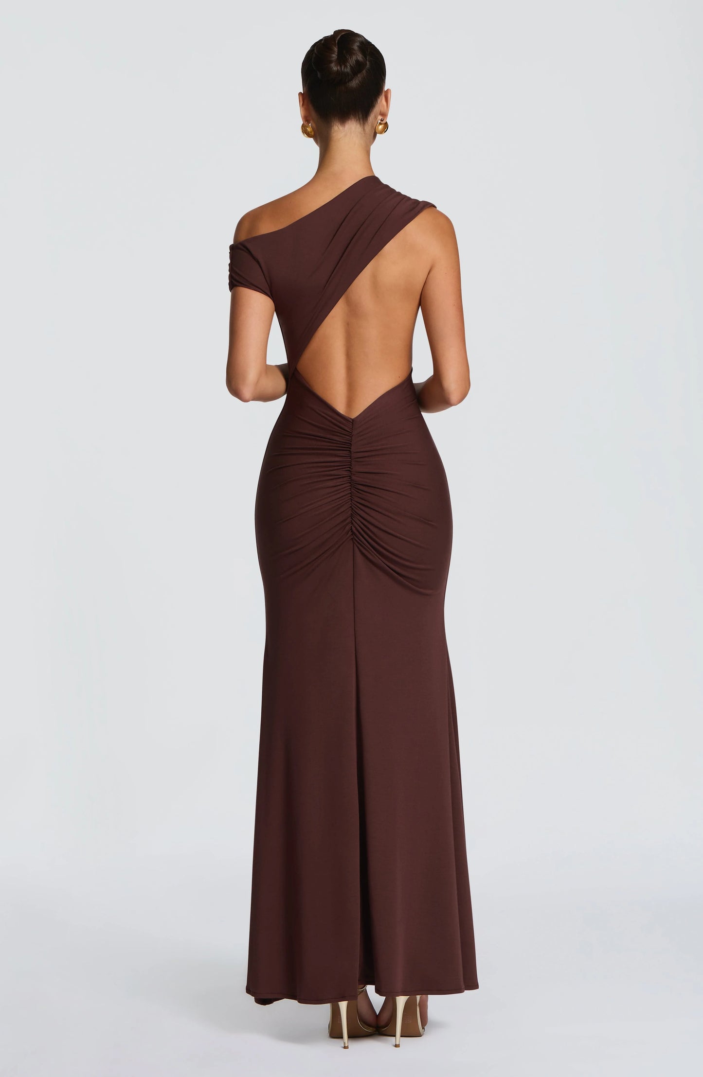 Asymmetric Shoulder Neckline Open-Back Slim-Fit Mermaid Maxi Dress