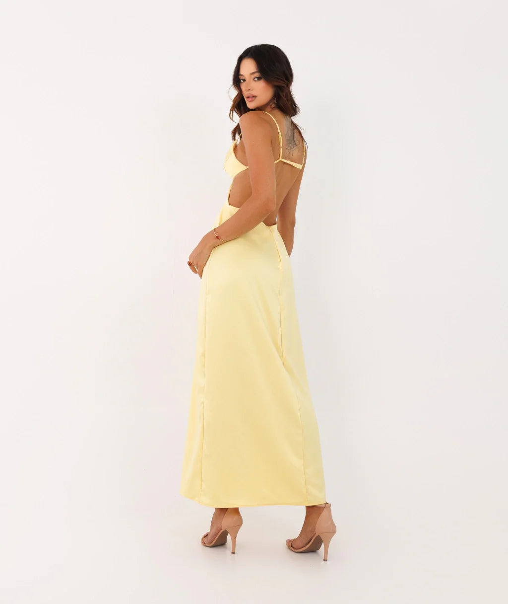 Vacation Style Pale Yellow Satin Cutout Backless Drapey Maxi Dress