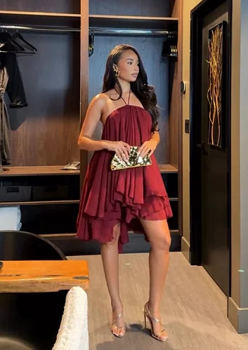 Sexy Halter Chest Wrap Loose-Fitting Pleated Mini Skirt