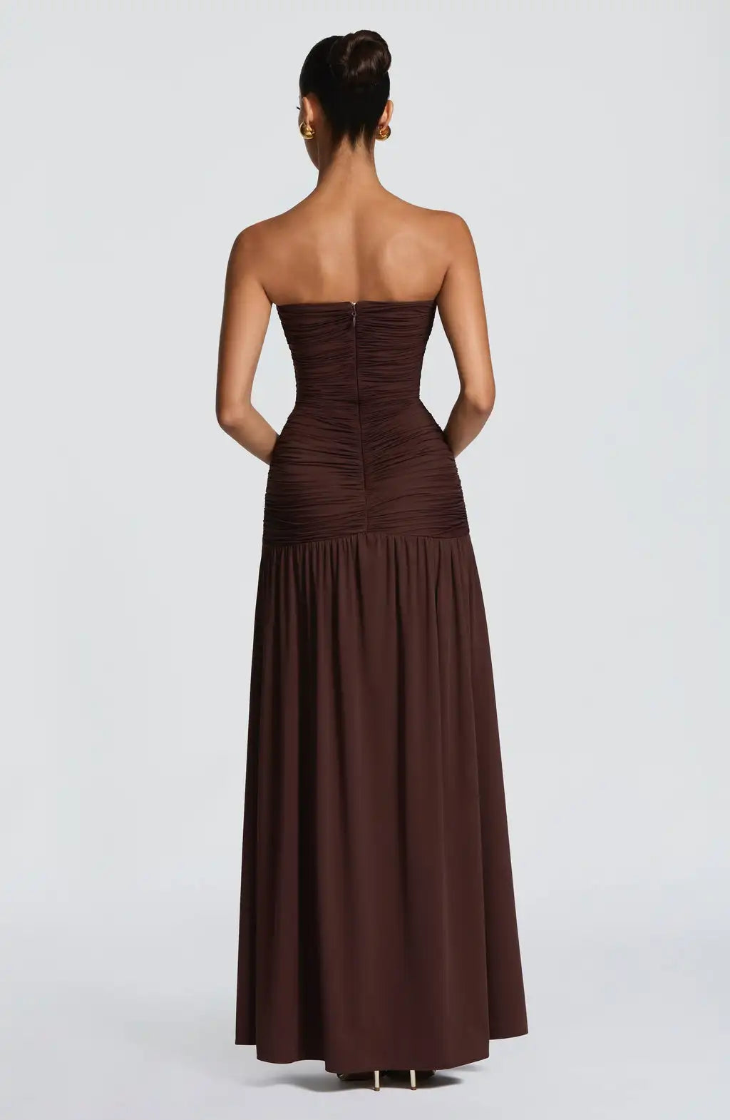 Deep V-Neck Ruched Paneled High Slit Strapless Maxi Dress