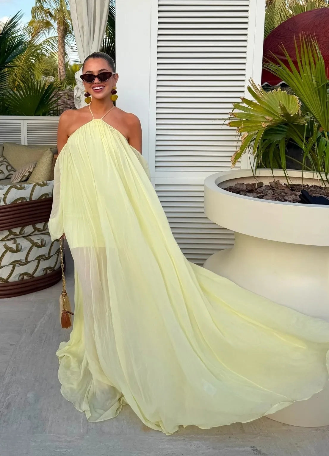 Halter Open-Back Sheer Chiffon Maxi Dress