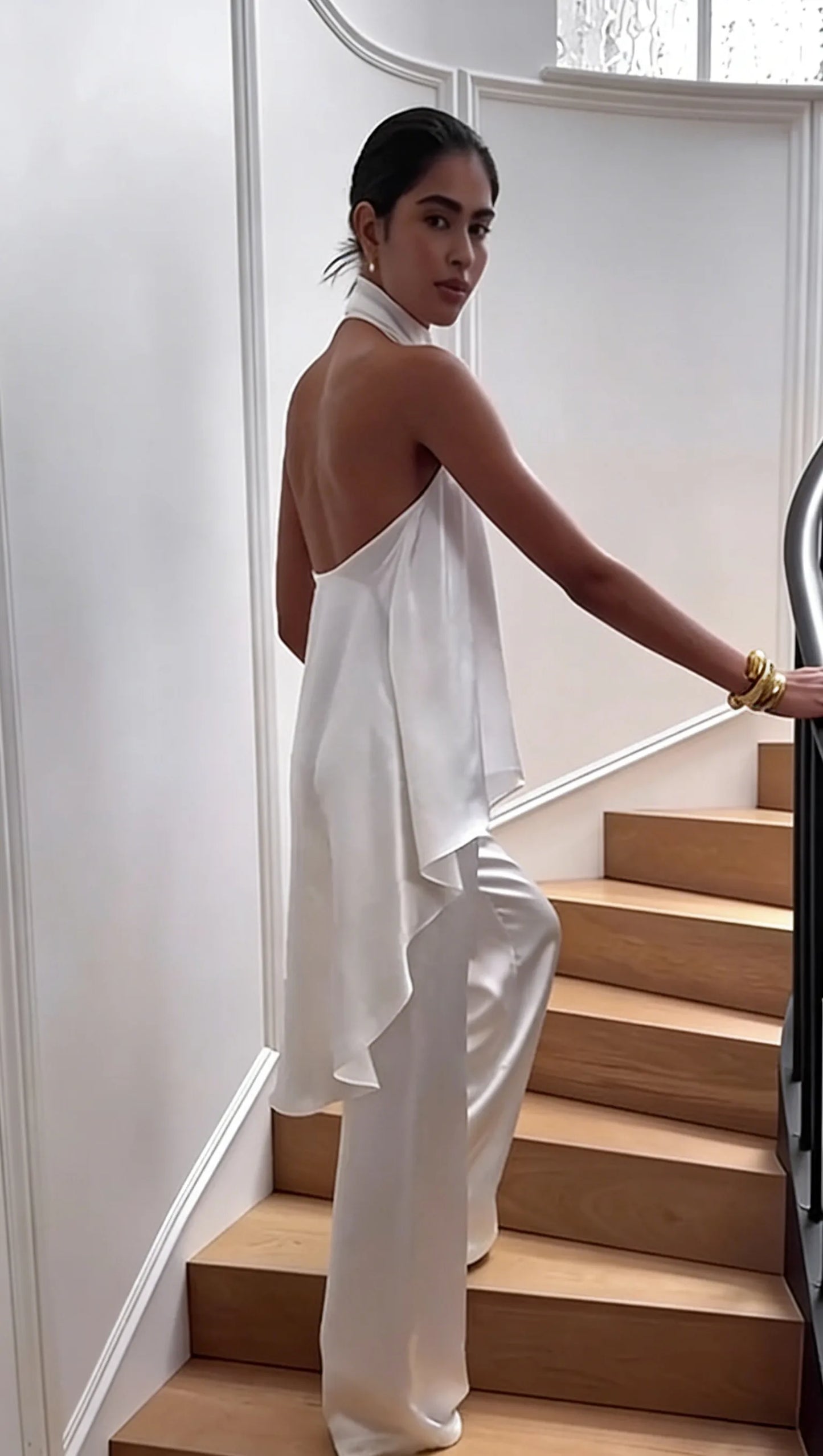 Halter Open-Back Satin Top + Wide-Leg Pants Set