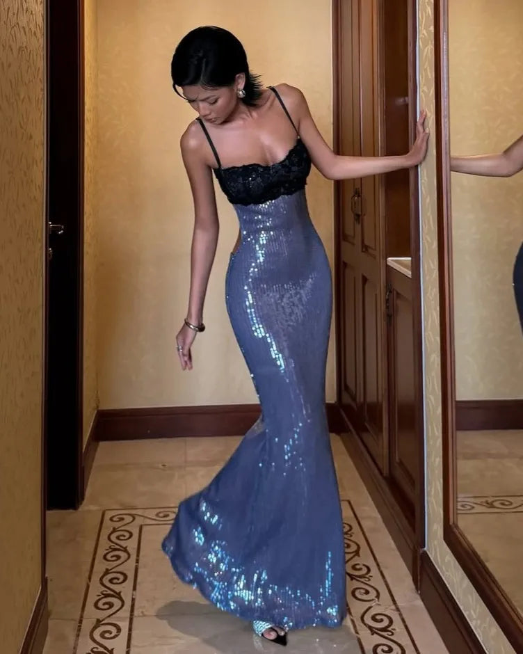 Blue Sequin Lace Panel Spaghetti Strap Backless Cutout Bodycon Evening Maxi Dress