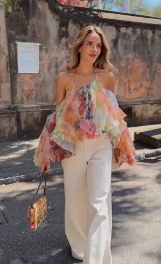 French Romantic One-Shoulder Tie-Dye Print Ruffle Chiffon Top | Vacation Vibe Asymmetrical Crop Top