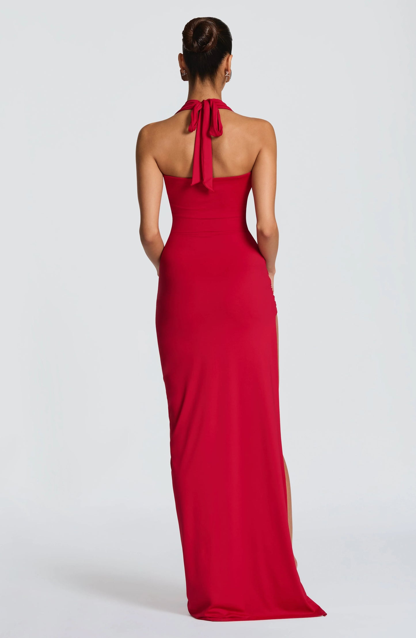 Sexy Halter Cowl Neck Ruched High-Slit Floor-Length Maxi Dress