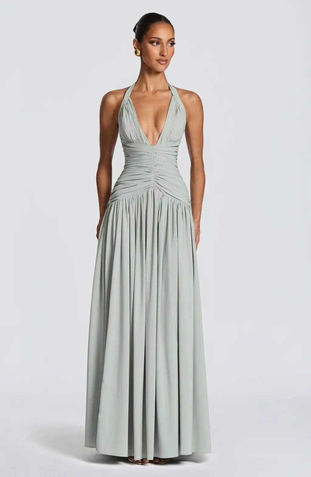 Sage Green Halter Deep V Ruched Waist Side Slit Maxi Dress