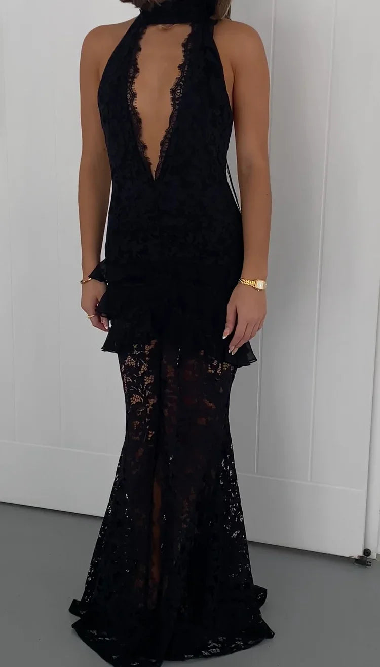 Sexy Halter Lace Deep V Hollow Dress