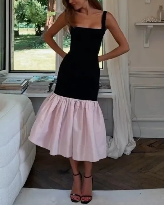 Sexy Sleeveless Sling Color Contrast Patchwork Midi Dress