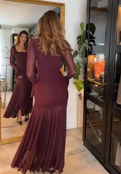 Sexy Elegant U-Neck Stitching Long-Sleeved Dress