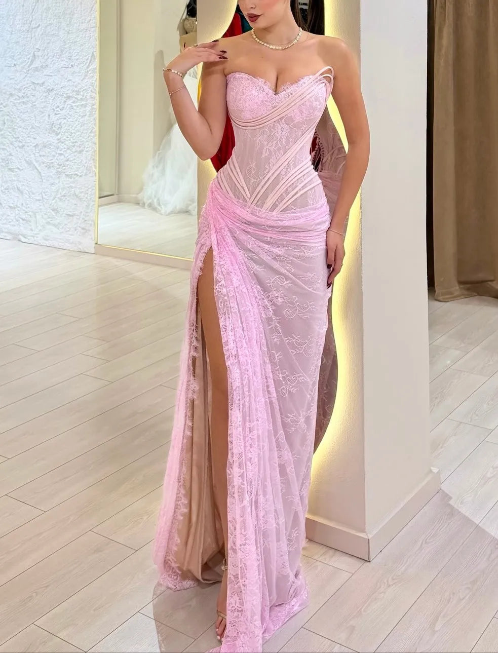 Sexy Tube Top Lace Waist High Slit Dress