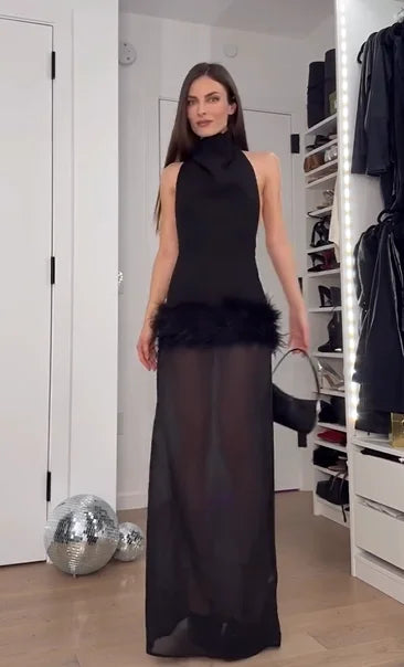 Sexy Big Backless Halter Stitching Plush Dress