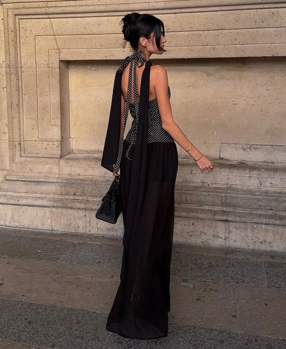 Black & White Polka Dot Halter Tie Detail Party Maxi Dress